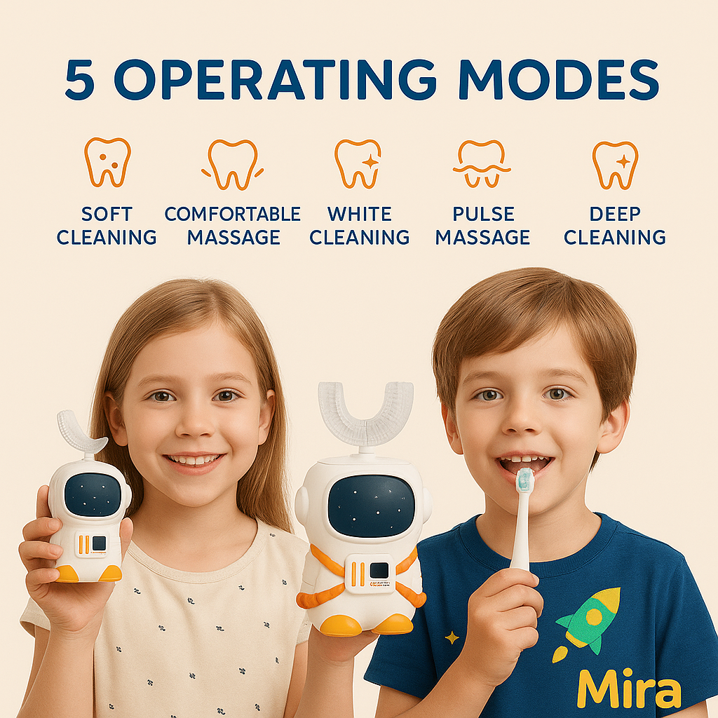 Sensory 360° U-Shaped Kids Electric Toothbrush – Astronaut Design, Ages 2-7, 5 Modes, Auto Memory, Multiple Brush Heads, Travel-Friendly